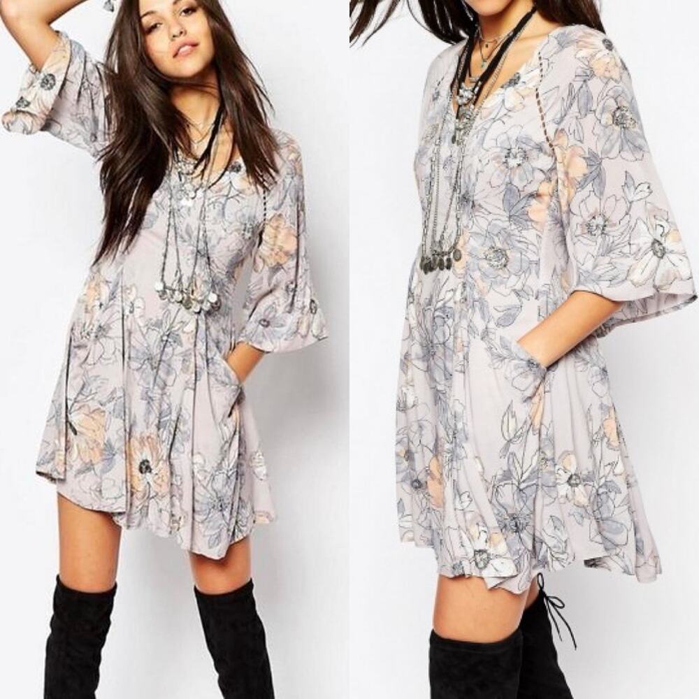 Free People Floral Mini Dress in Light Gray and Blush